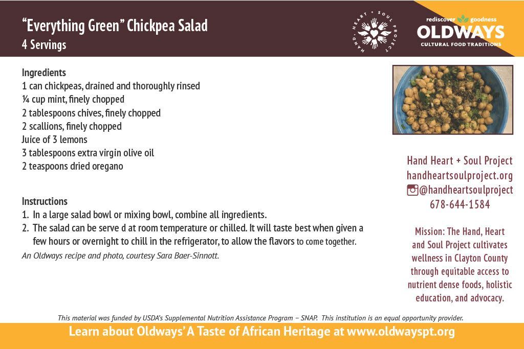 A recipe for everything green chickpea salad with a picture of a bowl of chickpeas