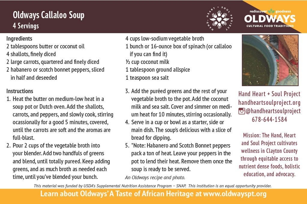 A recipe for oldways callaloo soup with ingredients and a picture