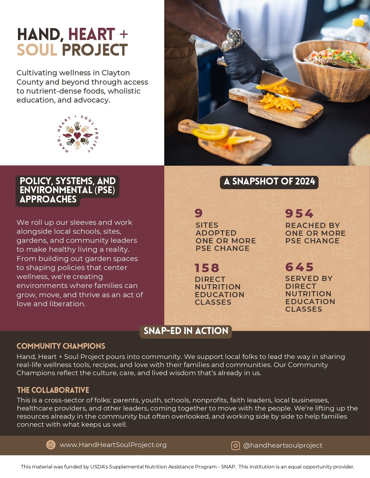 A hand , heart , and soul project brochure with a picture of food on cutting boards.