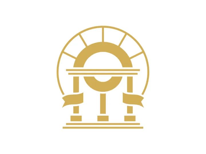 A gold icon of a building with a circle in the middle