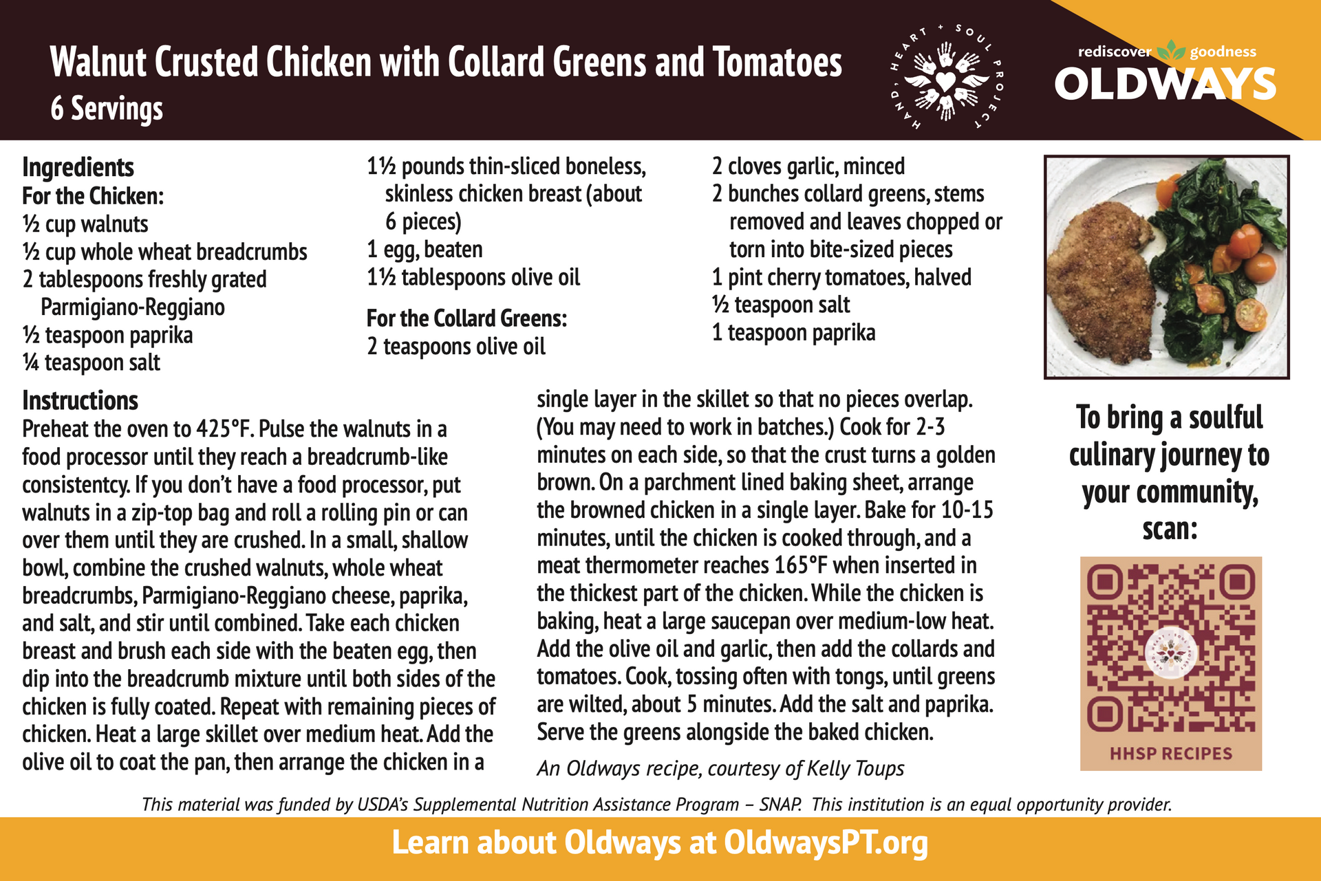 A recipe for walnut crusted chicken with callard greens and tomatoes