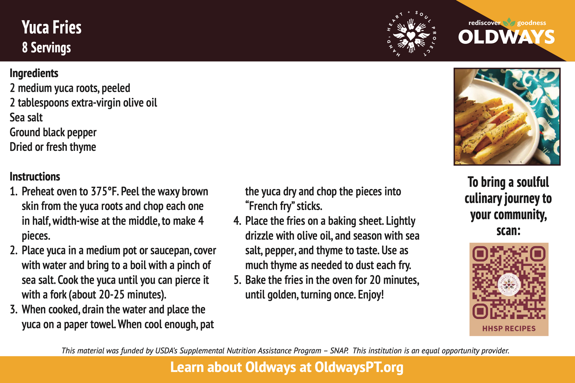 A recipe for yuca fries with a picture of a plate of fries