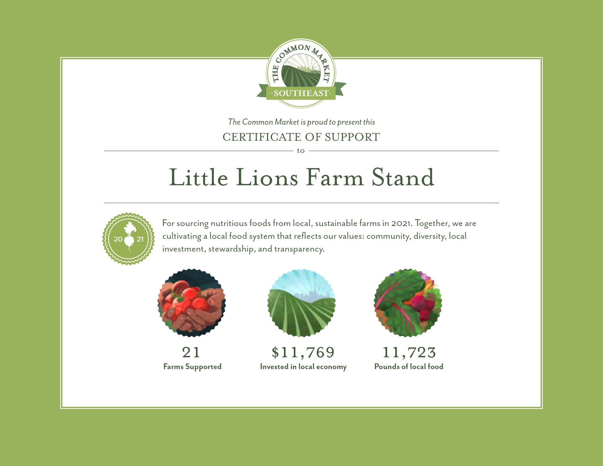 A certificate of support for the little lions farm stand