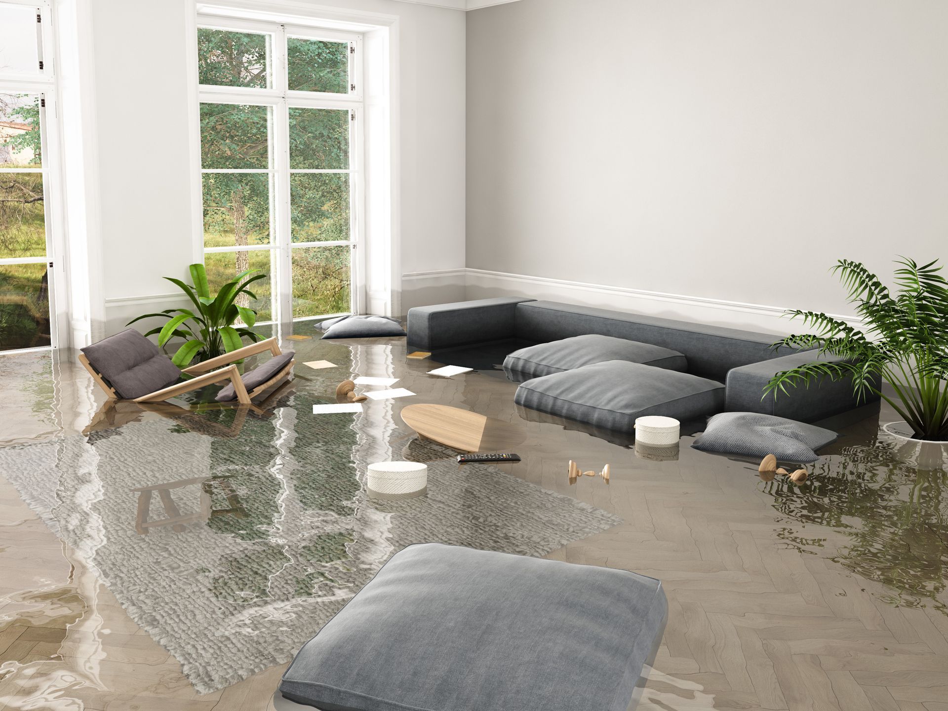a living room filled with furniture and a flooded floor .