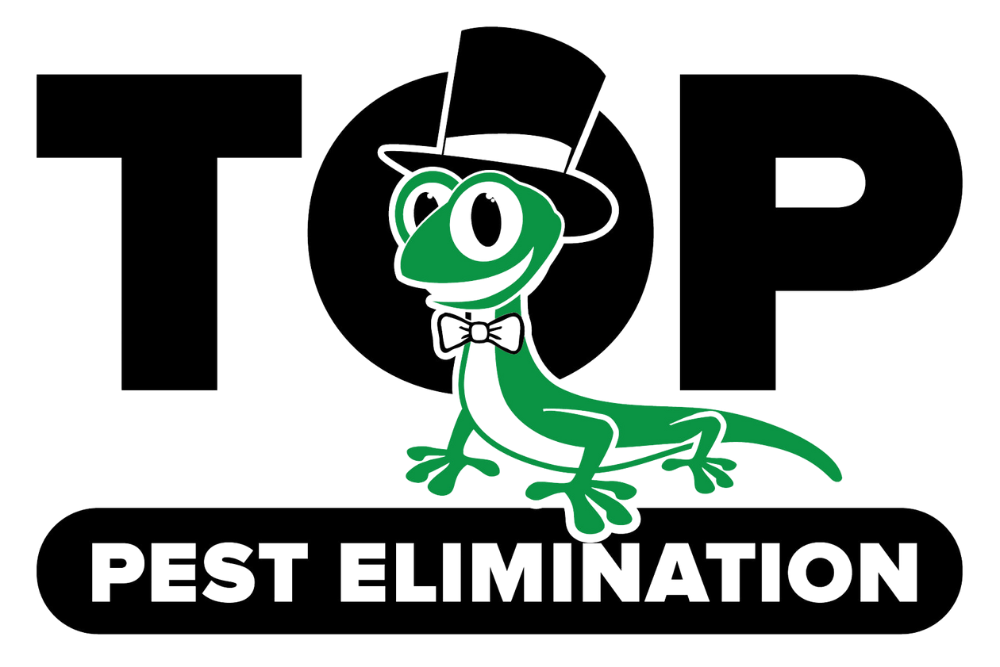 The logo for top pest elimination shows a lizard wearing a top hat and bow tie.