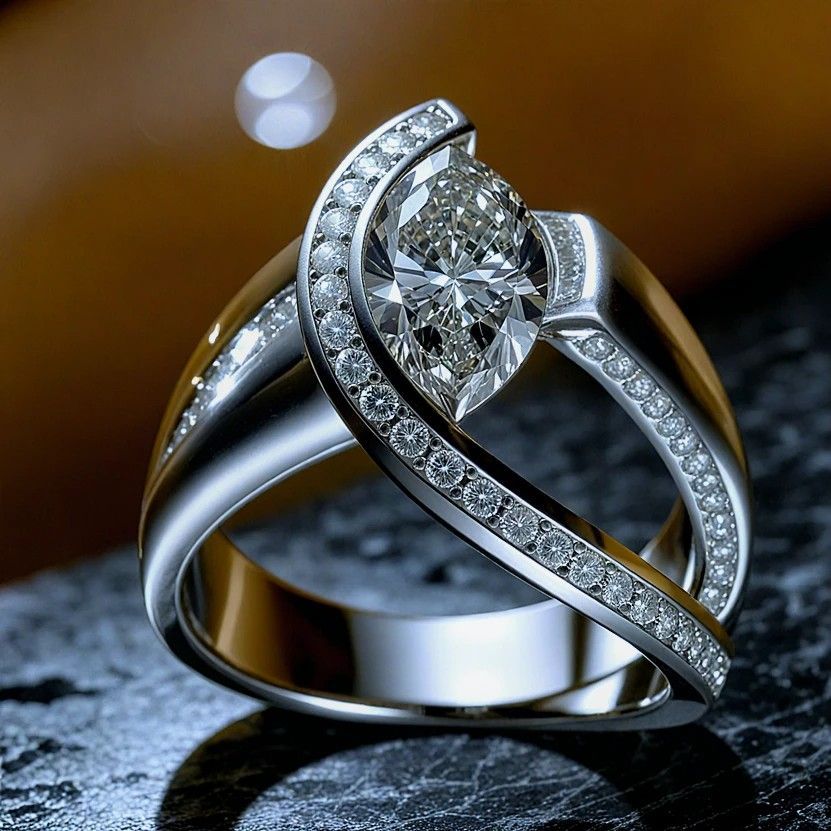 A close up of a diamond ring on a napkin