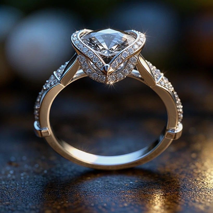 A close up of a diamond ring on a cloth