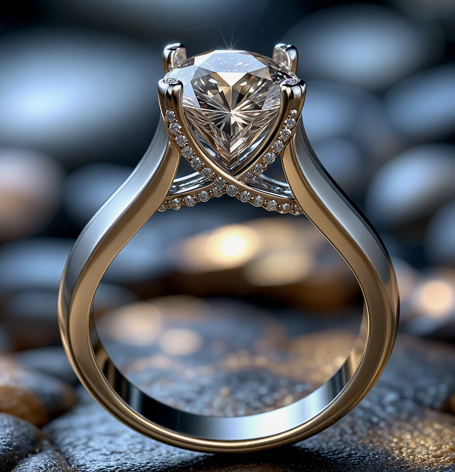 A cathedral diamond ring is sitting on black rock background