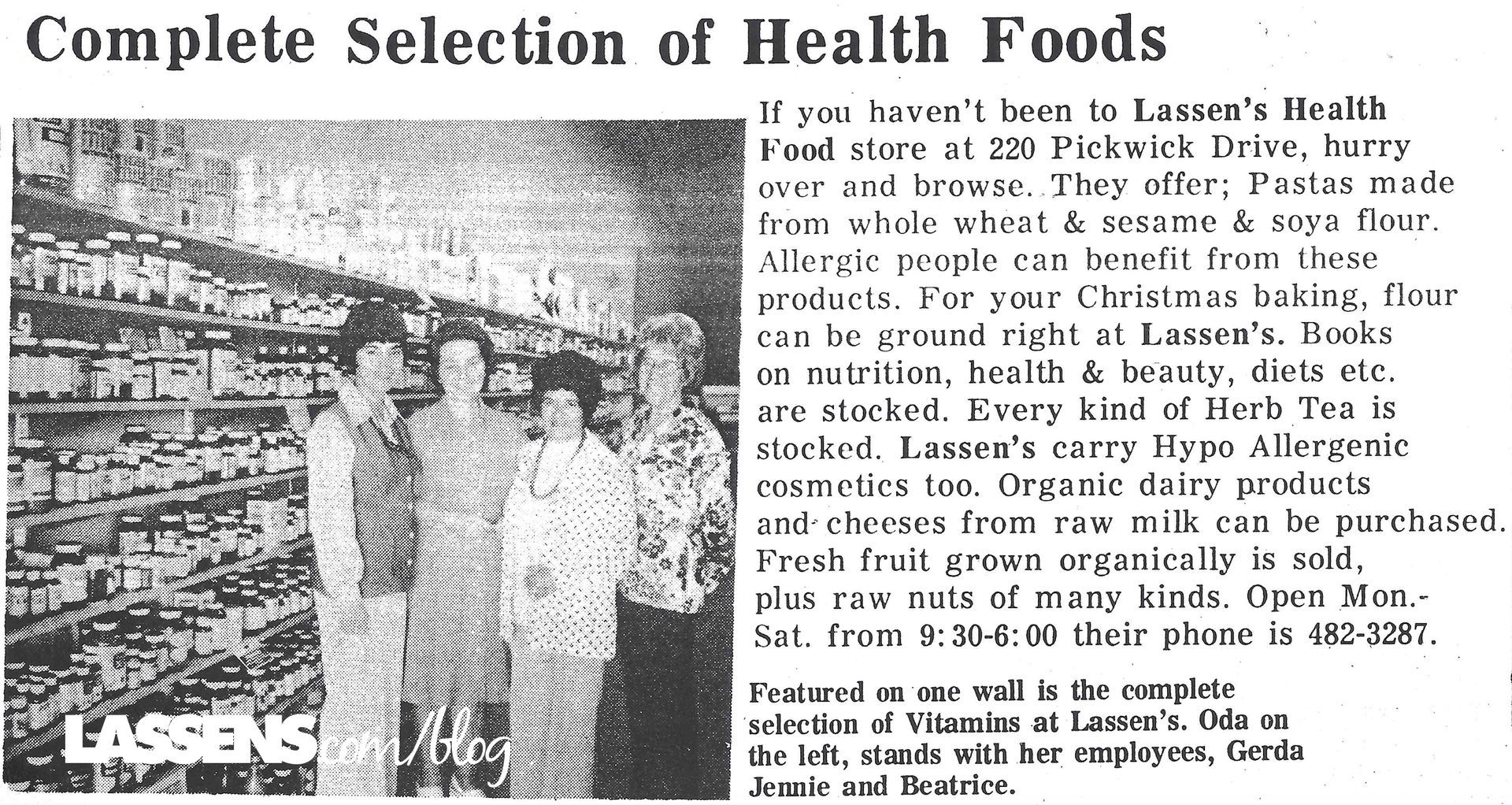 Advertisment for Lassen's Health Food store. It features a photo of the store with employees. The headline reads 
