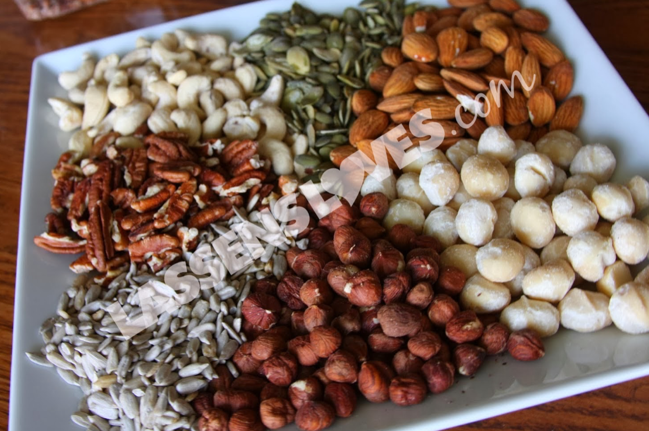 Assorted nuts and seeds on a white plate: cashews, almonds, pumpkin seeds, macadamia, hazelnuts, sunflower seeds, pecans.
