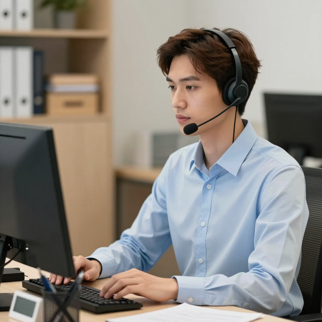 Office worker wearing a headset types at a desktop computer in a modern workspace.
