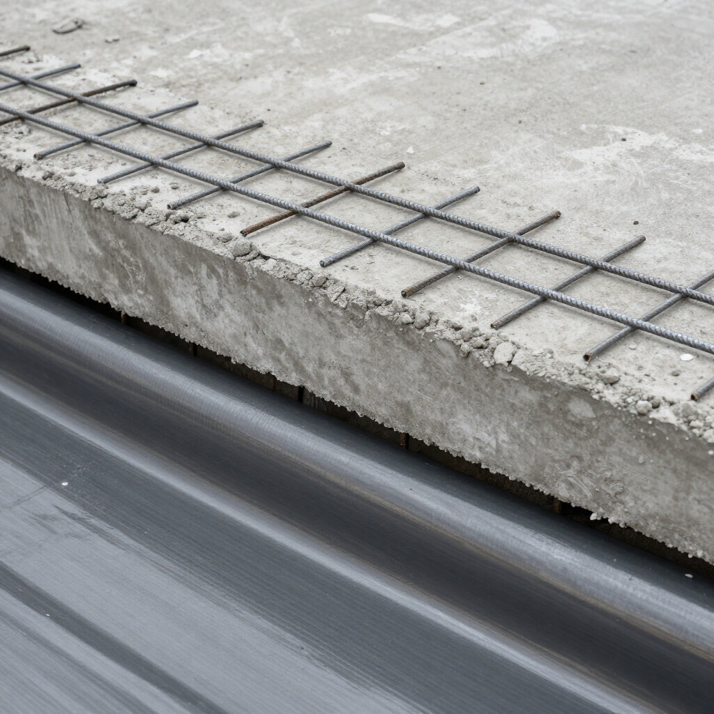 Concrete slab with rebar mesh resting over a dark waterproofing membrane