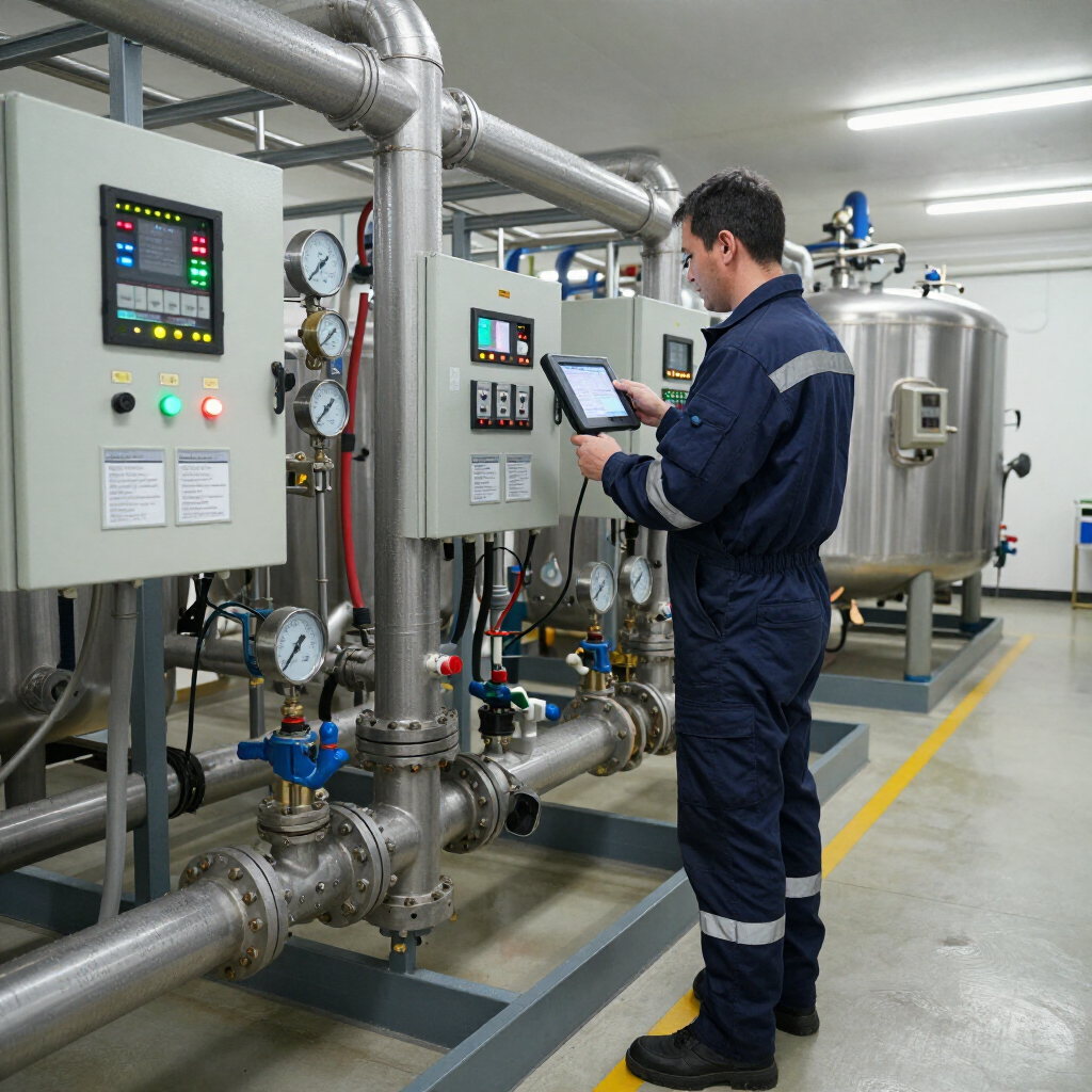 Technician checking industrial control panels and pipes in a factory room