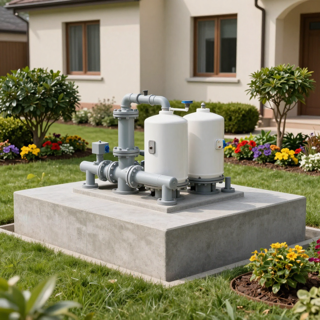 Water pumping equipment on a concrete pad in a landscaped yard beside a house