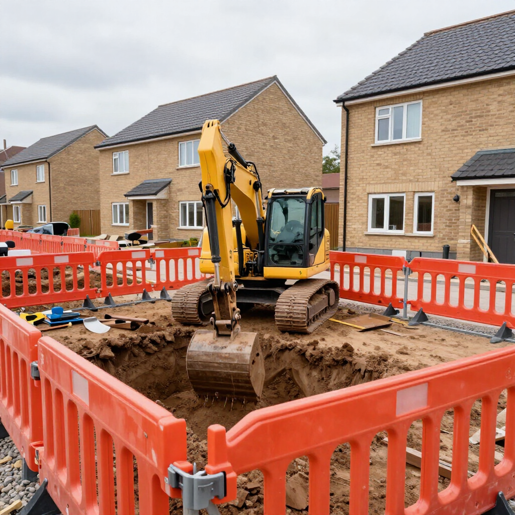 Yellow excavator digging at a fenced construction site in a suburban neighborhood