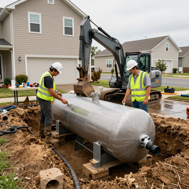 Workers installing a large silver underground tank at a suburban construction site with an excavator nearby