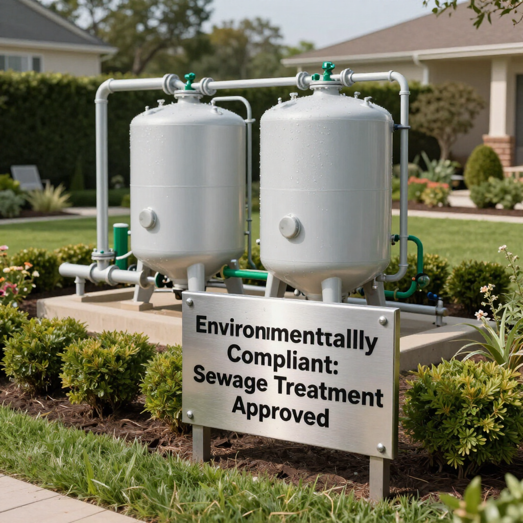 Septic treatment tanks in a suburban yard with a sign reading “Environmentally Compliant: Sewage Treatment Approved”