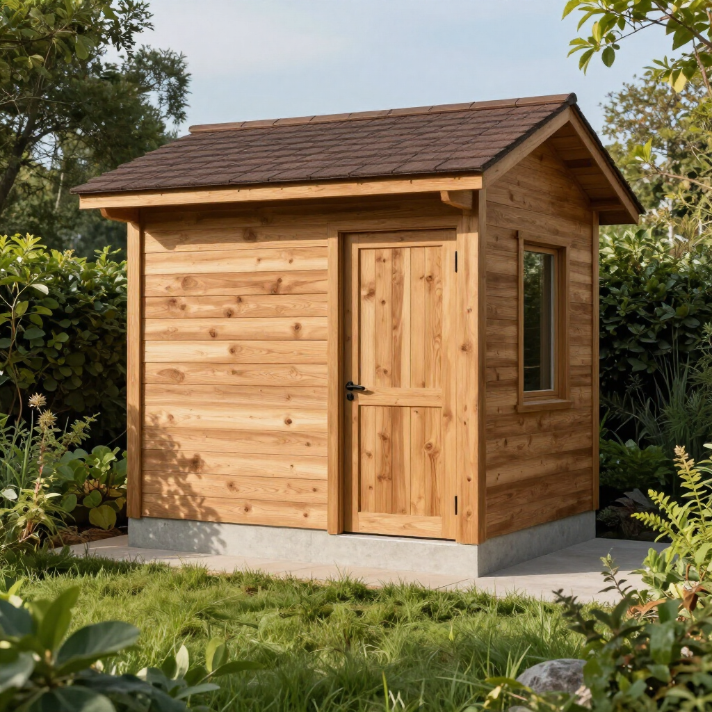 Small wooden garden shed with a door and window, surrounded by greenery and set on a concrete base.