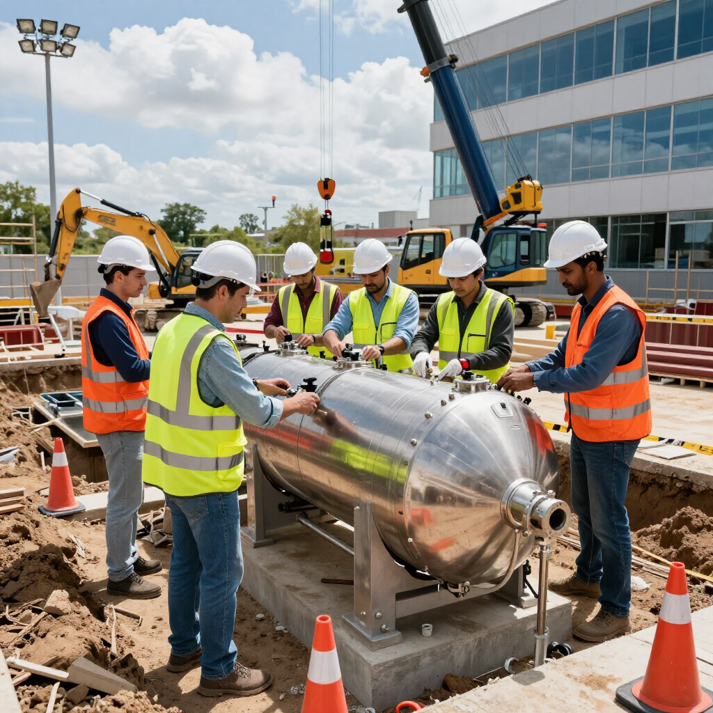 Construction workers in safety vests and helmets inspect a large metal tank at a building site.