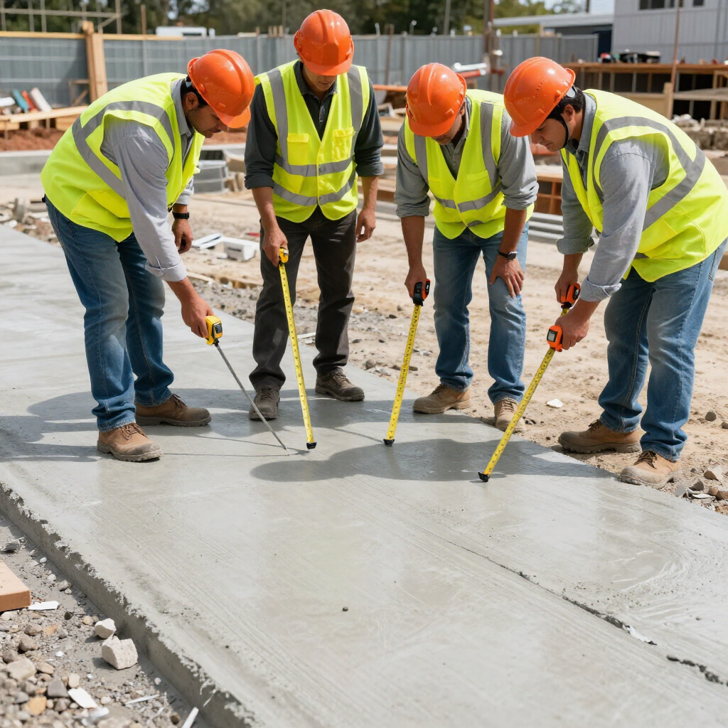Construction workers in orange hard hats smoothing fresh concrete with tools on a site