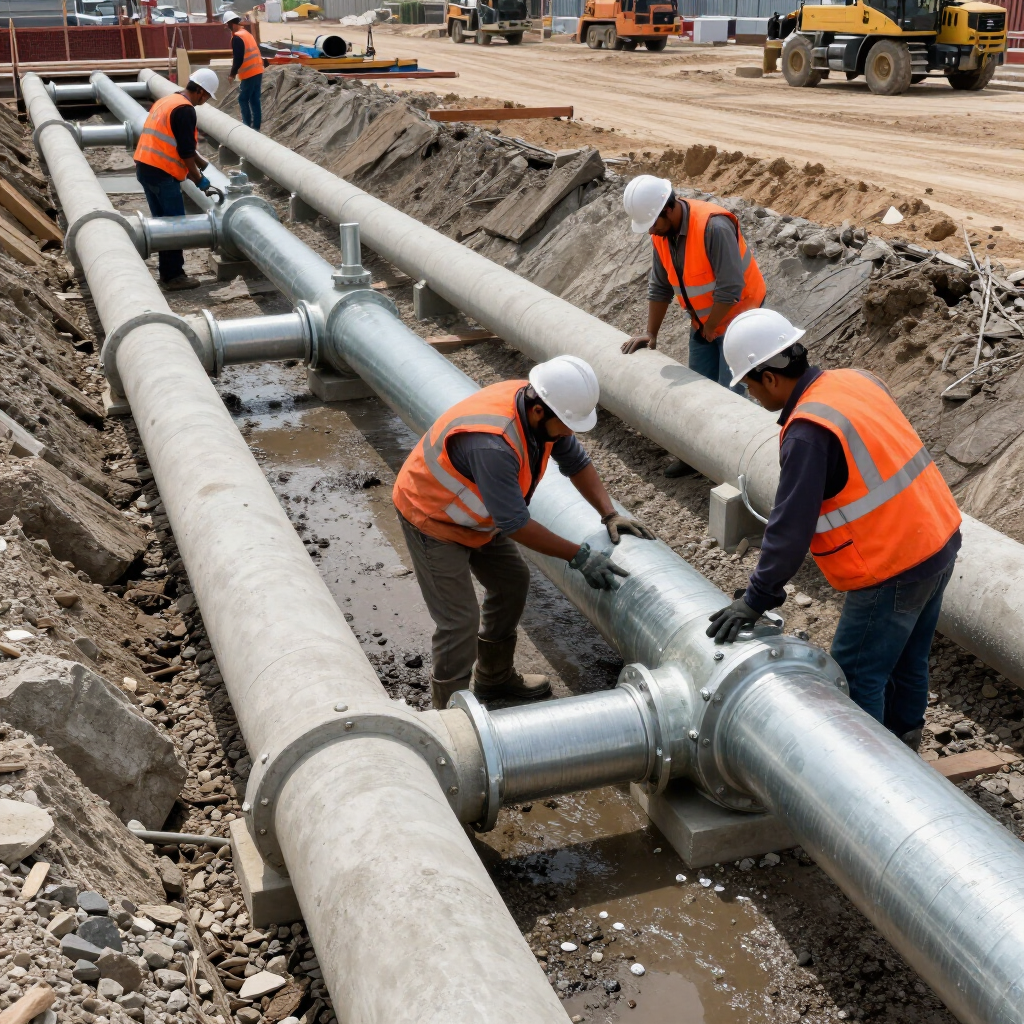 Construction workers in orange vests installing large metal pipes in a trench