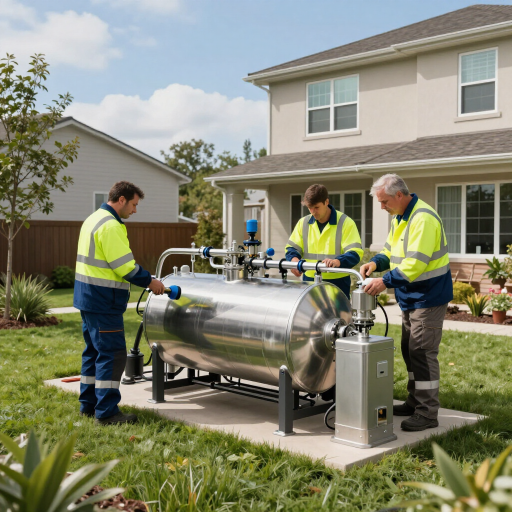 Workers in neon safety vests inspect a large stainless steel tank outside a suburban house