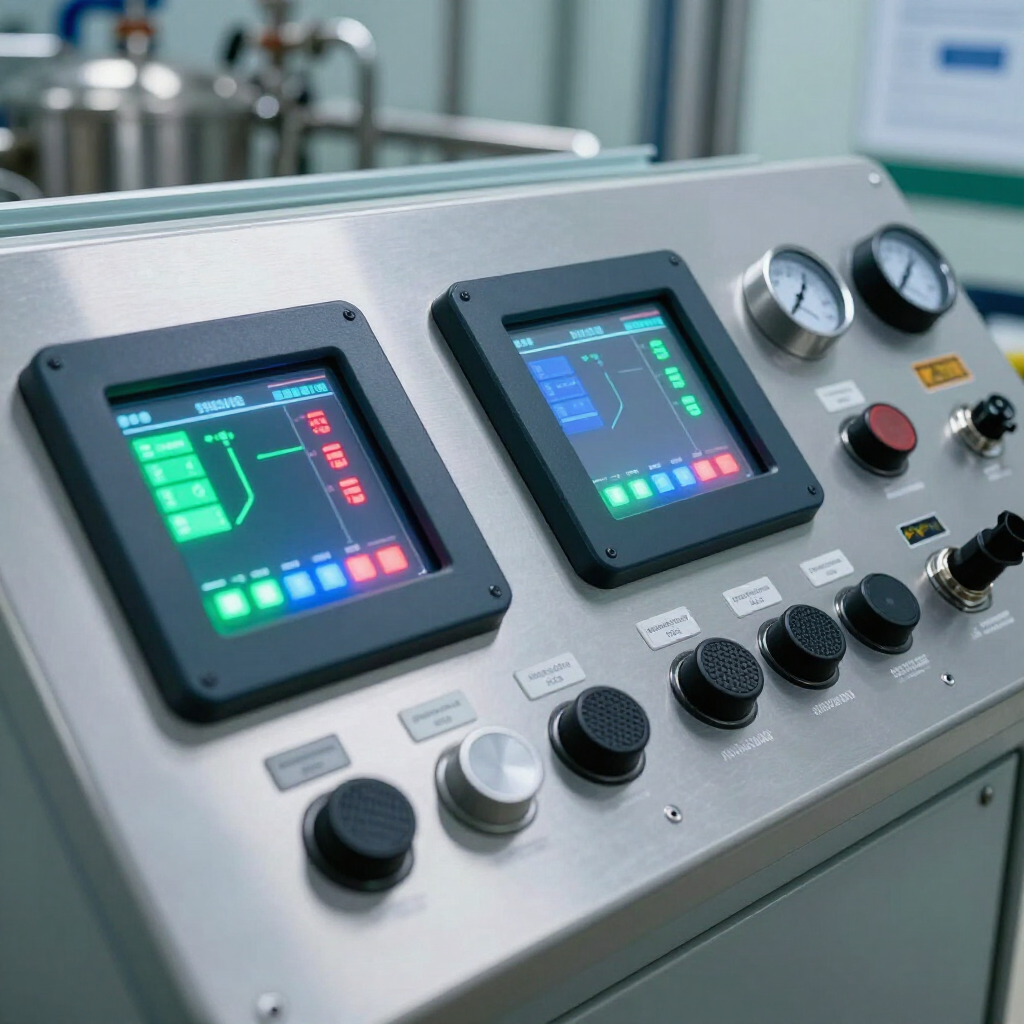 Industrial control panel with two touchscreens, knobs, and gauges in a clean laboratory setting