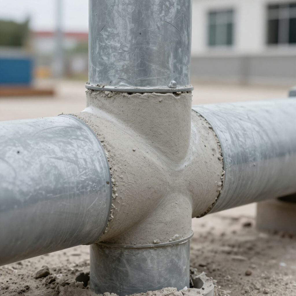Close-up of galvanized metal pipes joined by a concrete-filled pipe fitting outdoors