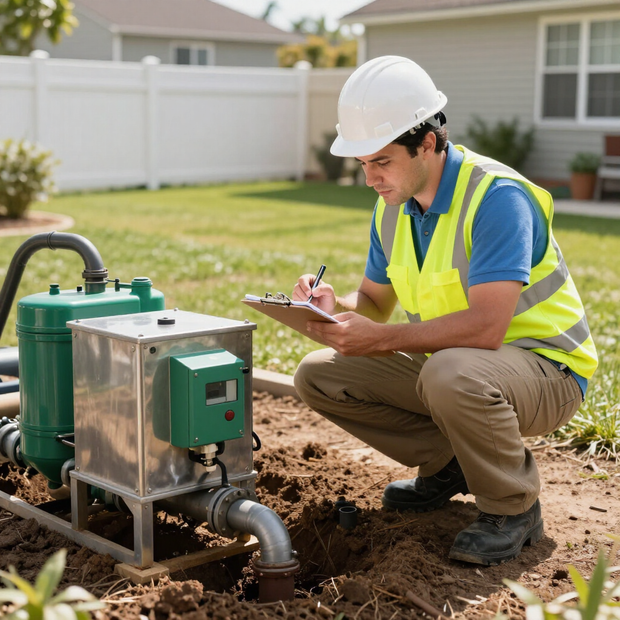 Technician in hard hat inspects outdoor pump equipment with a clipboard in a yard