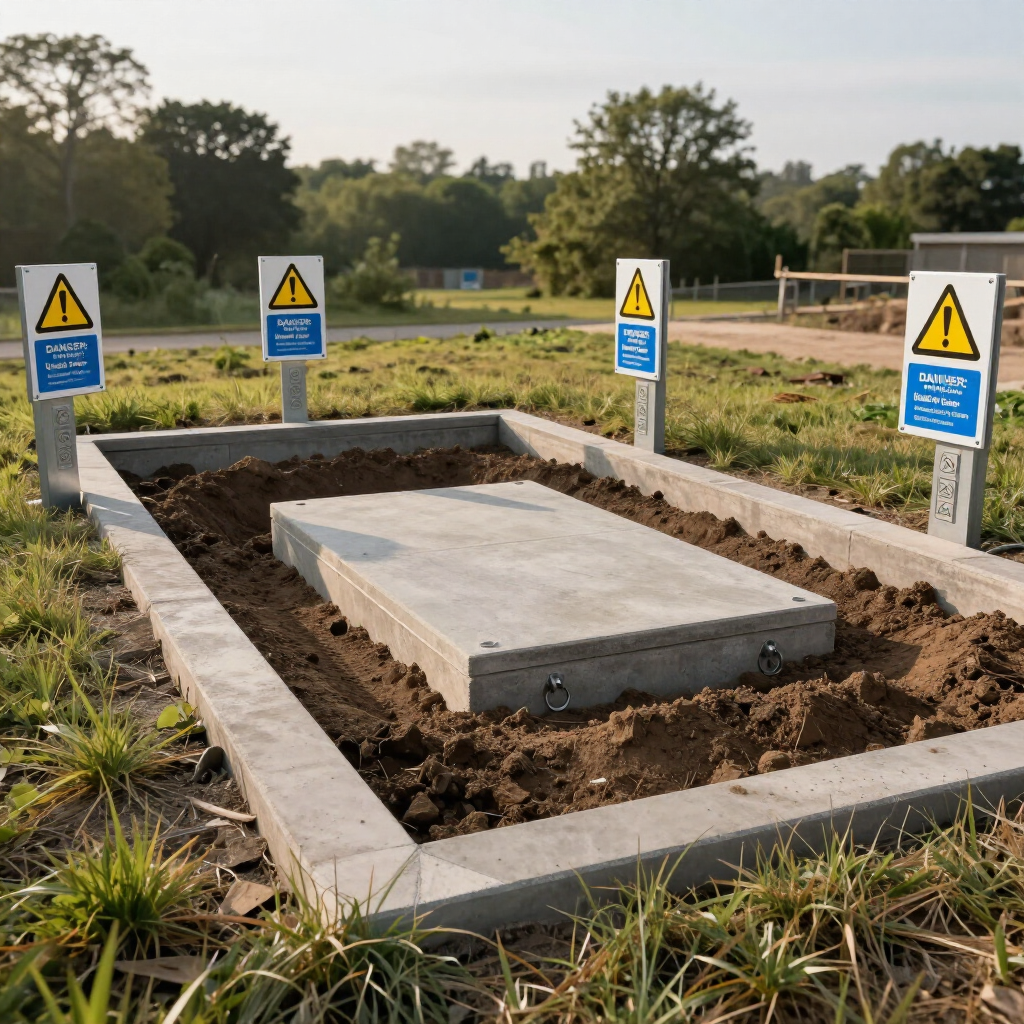 Grave plot with fresh soil and warning signs around a concrete burial vault in a cemetery