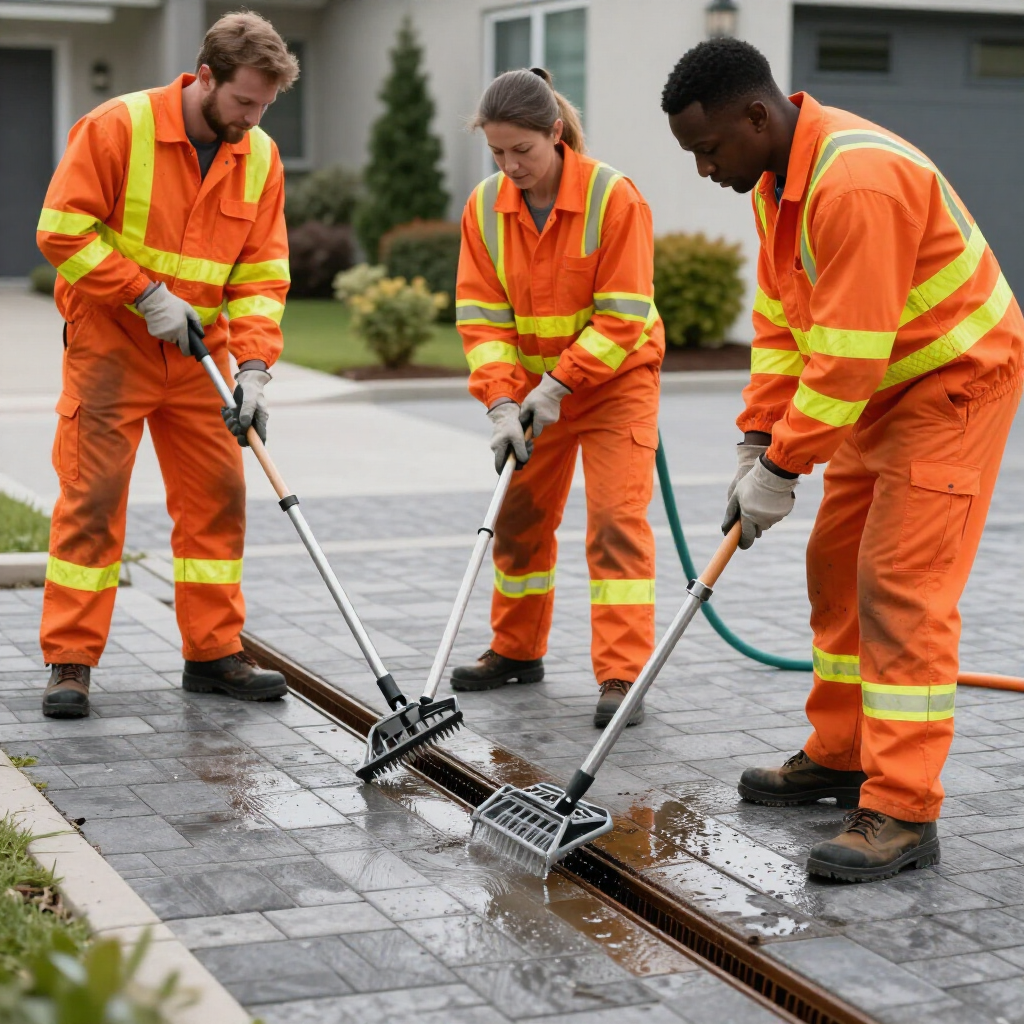 Three workers in orange safety gear clean a street drain with tools on a wet sidewalk.