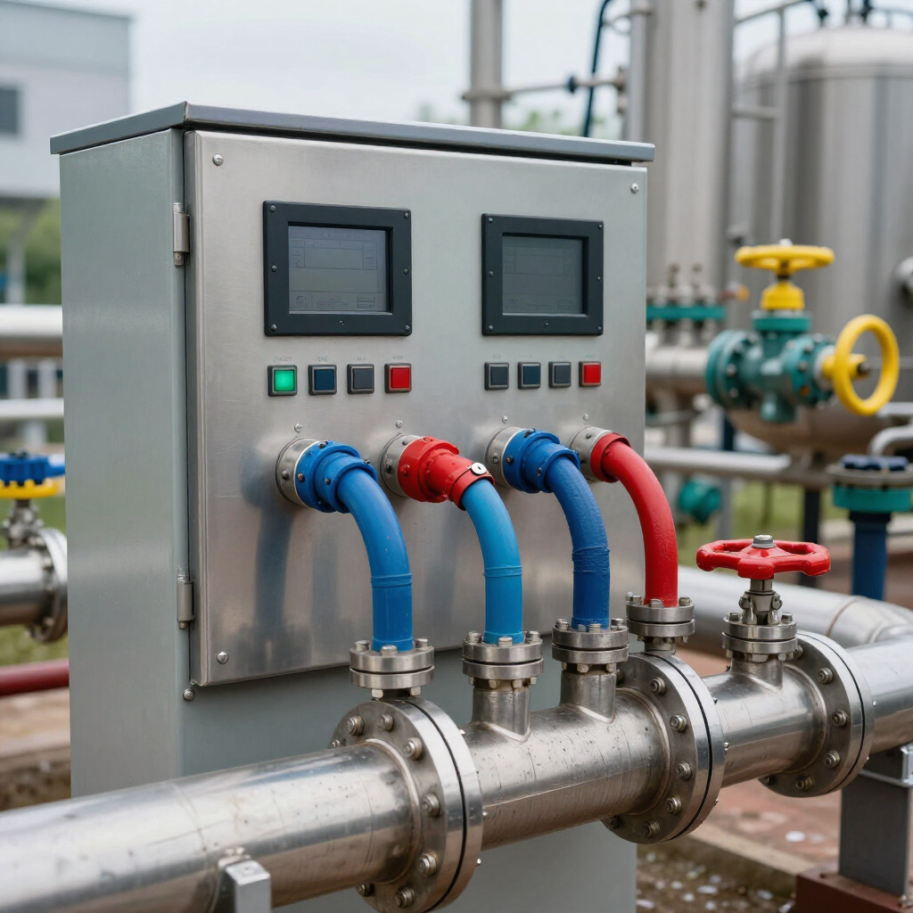Industrial control panel with gauges and blue/red pipes mounted on factory piping.