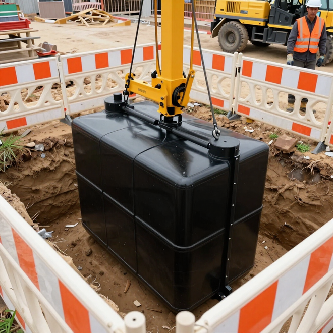 Black tank being lifted by a crane in a fenced construction excavation area.