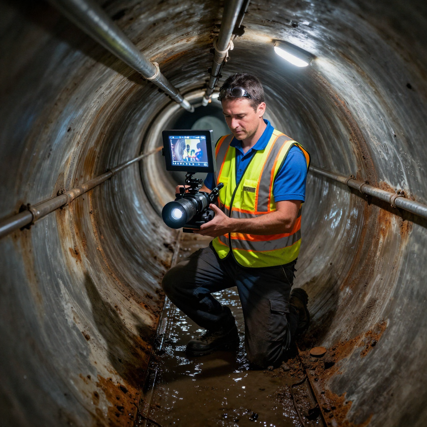 Technician in a neon vest inspecting a large pipe interior with a camera and monitor