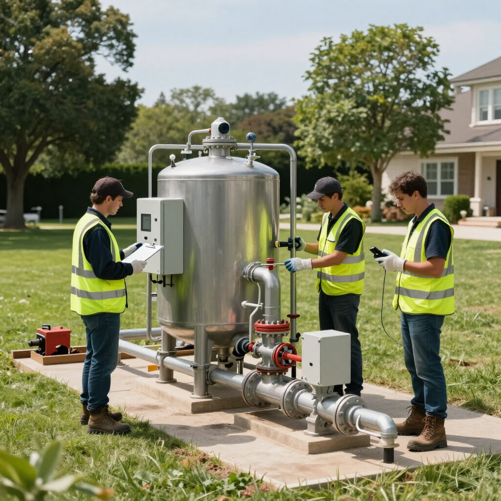 Technicians in safety vests inspect a large stainless-steel tank and pipes outdoors near houses.