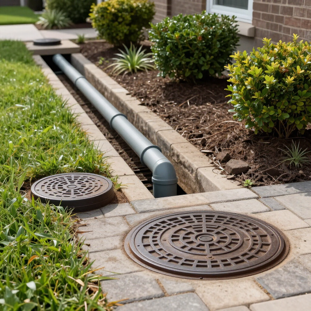 Drainage pipes beside a landscaped yard with two round manhole covers and a stone walkway