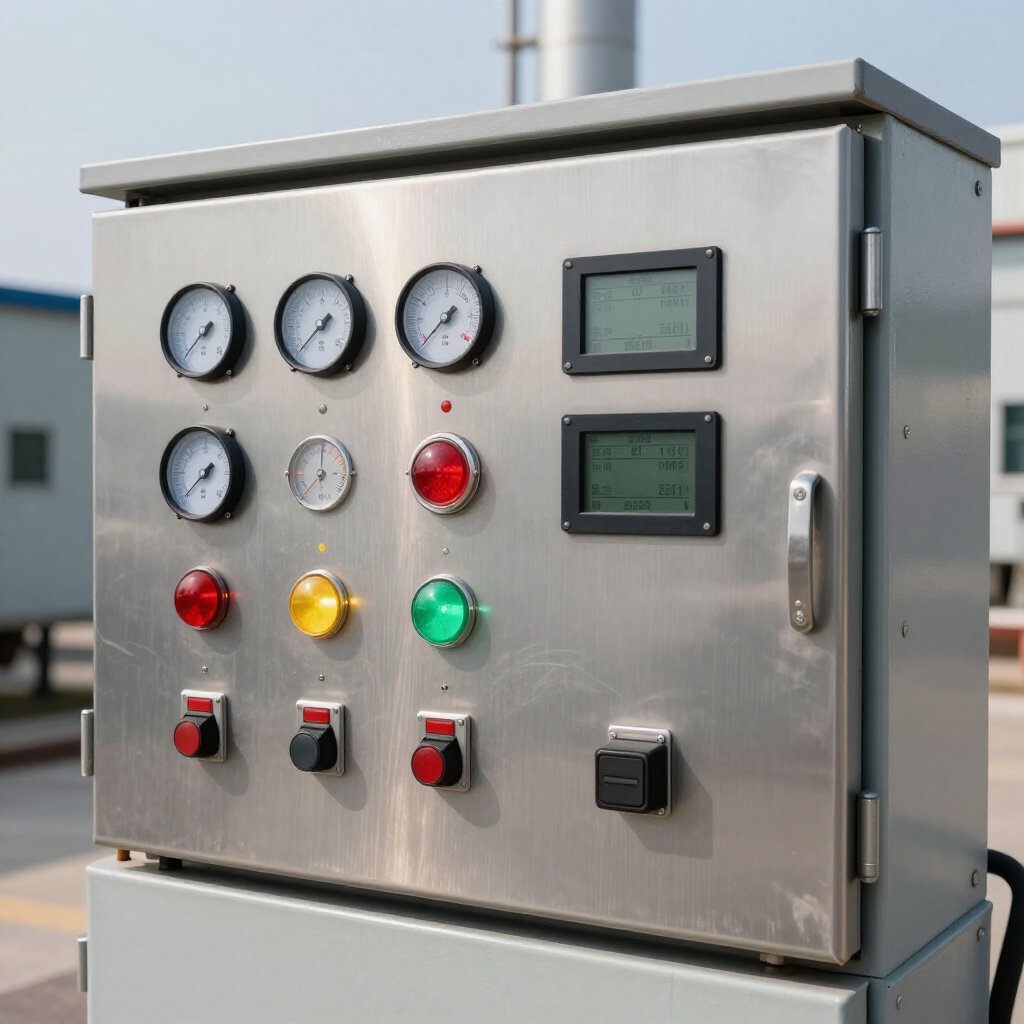 Stainless steel control panel with gauges, digital displays, and red, yellow, and green buttons outdoors