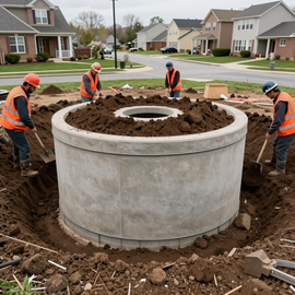 Workers in orange vests install a large concrete tank at a suburban construction site.