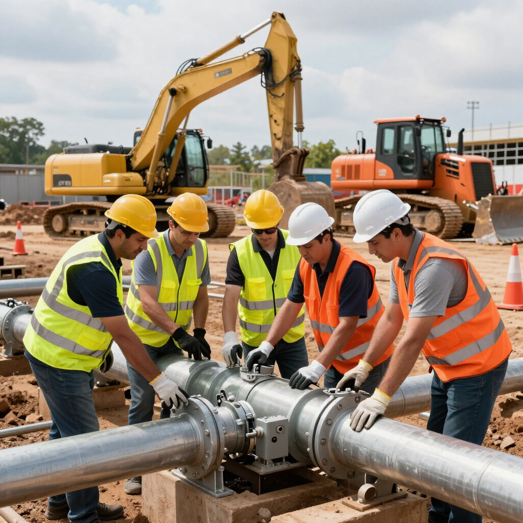 Construction crew connecting large metal pipes at a worksite with excavators in the background