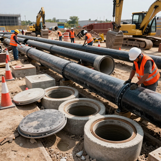 Construction workers installing large black pipes at a road work site with excavators and concrete rings.