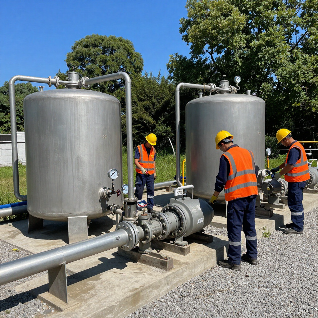 Workers in orange vests inspect industrial tanks and piping outdoors under a blue sky