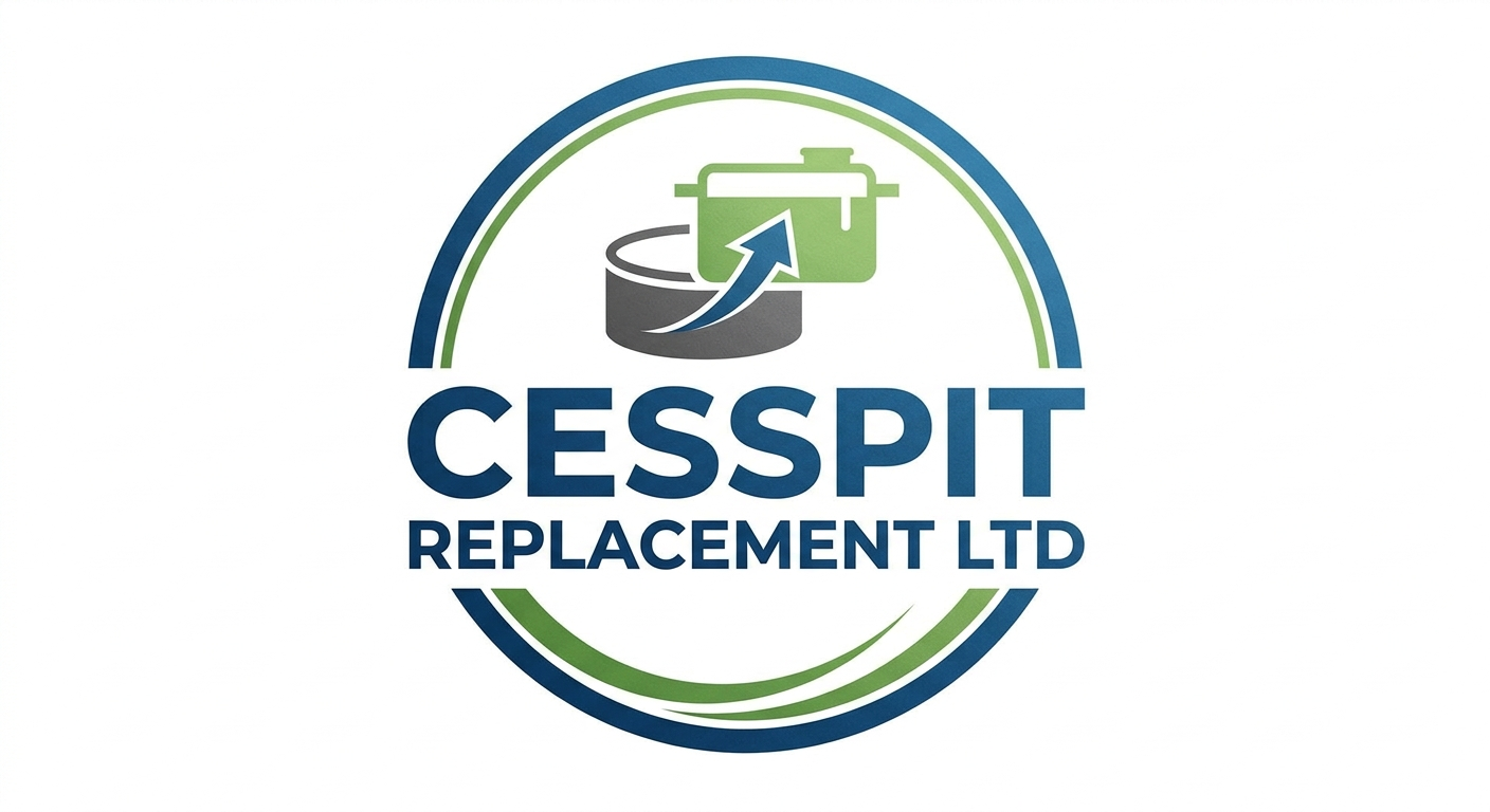 Logo for Cesspit Replacement Ltd with circular green and blue border and drainage icon