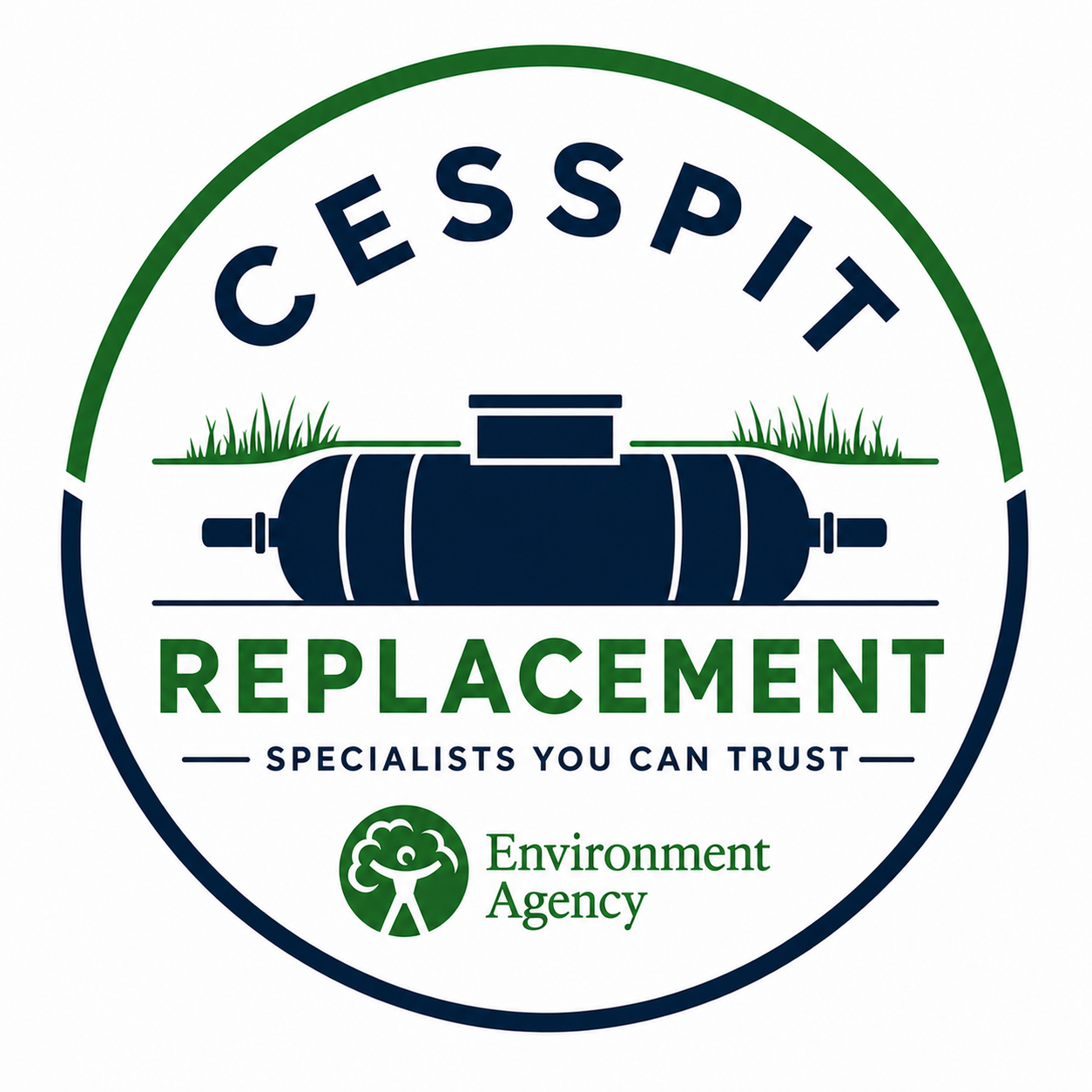 Logo for Cesspit Replacement Ltd with circular green and blue border and drainage icon