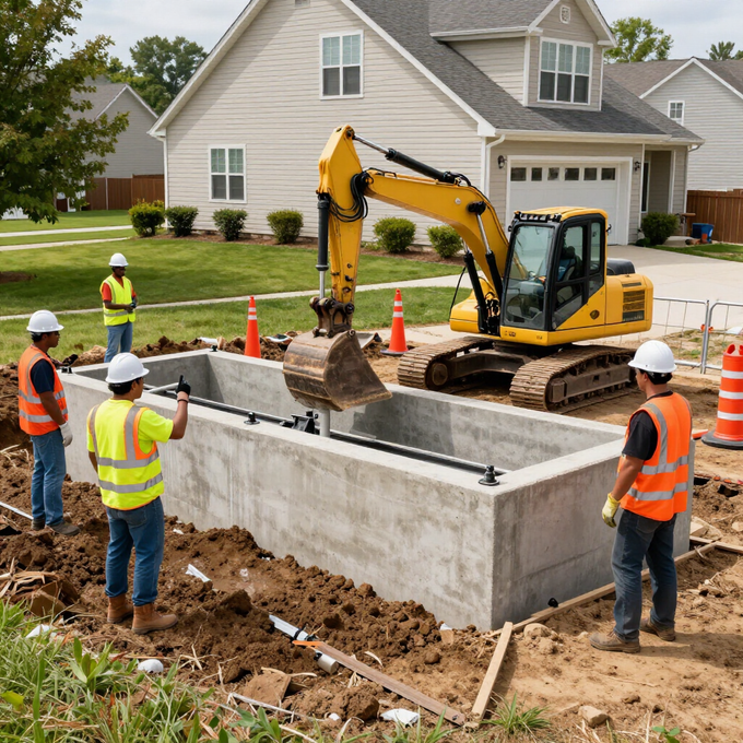 Construction crew guiding excavator placing concrete foundation walls at a suburban home site