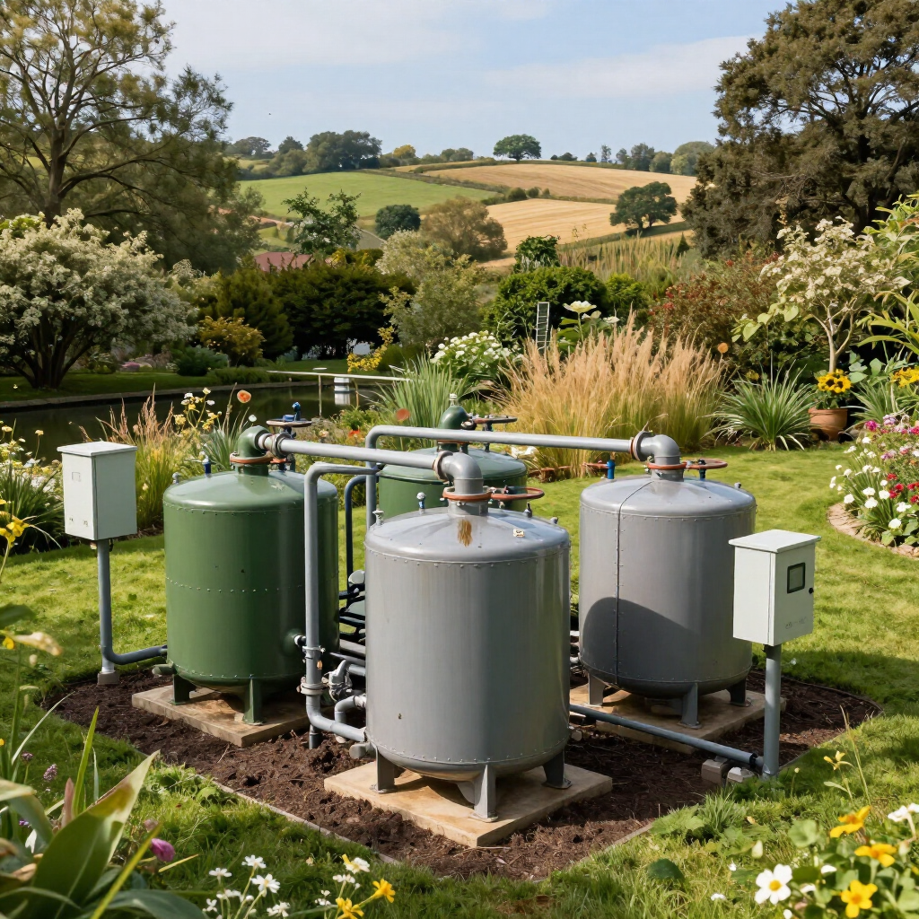 Three metal tanks and pipes in a garden with rolling hills in the background
