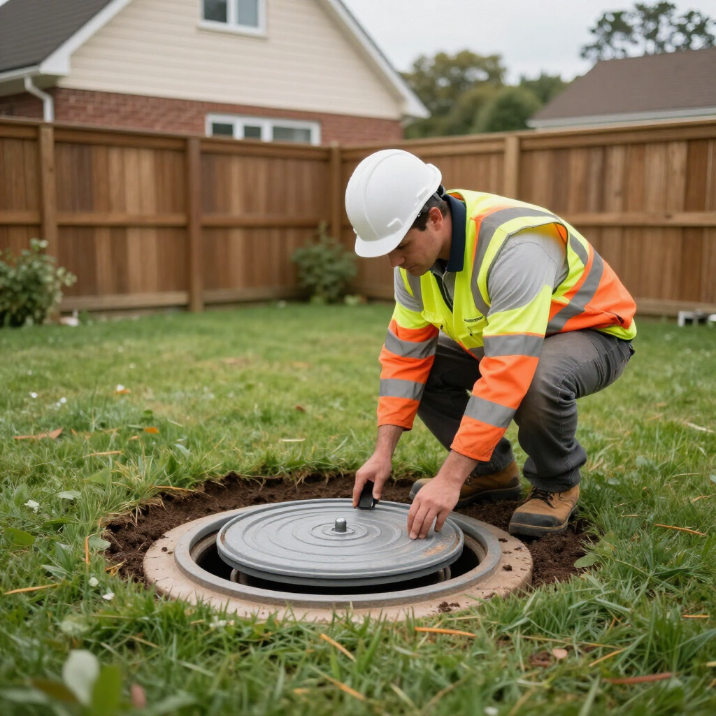 Water pumping equipment on a concrete pad in a landscaped yard beside a house