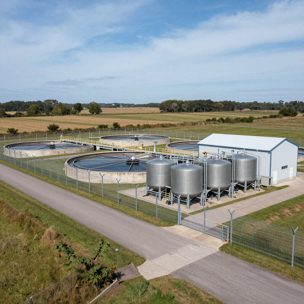 Aerial view of a wastewater treatment facility with tanks, silver silos, and a white utility building in farmland.