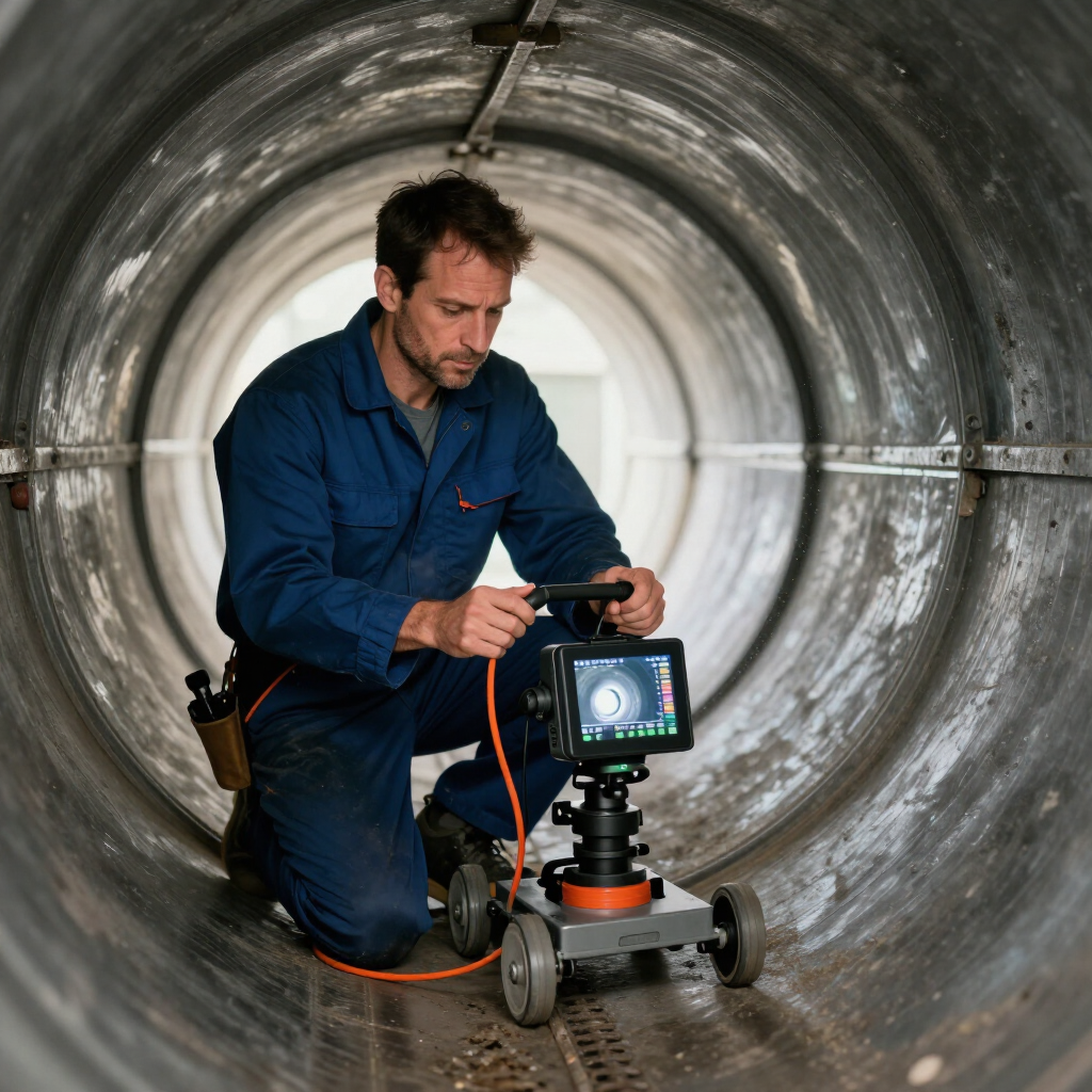 Technician inspecting a pipe interior with a wheeled camera device, wearing blue coveralls.