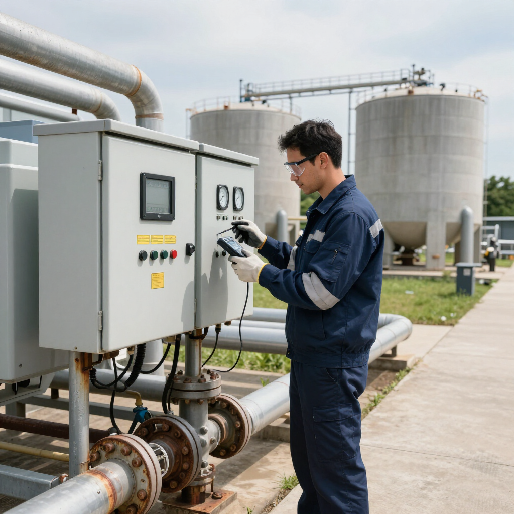 Technician inspecting a control panel beside industrial pipes and tanks at a plant
