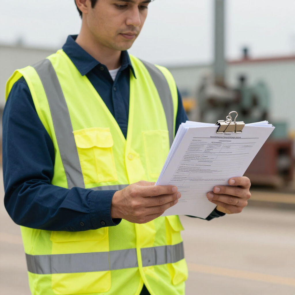 Worker in neon safety vest reviewing a clipboard outdoors on a construction site